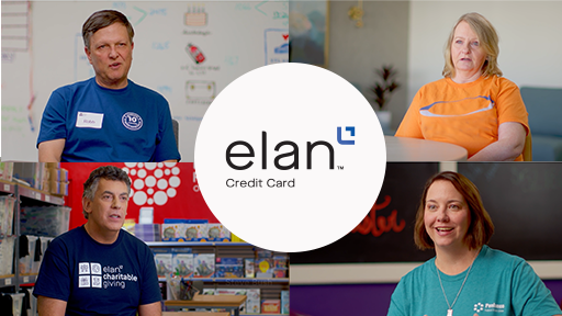 An image with four sections each featuring a picture of a different person speaking. In the very center is the Elan Credit Card logo. 