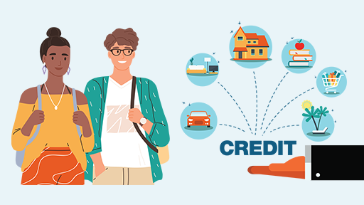 illustration of two people standing next to graphics representing credit card reward options