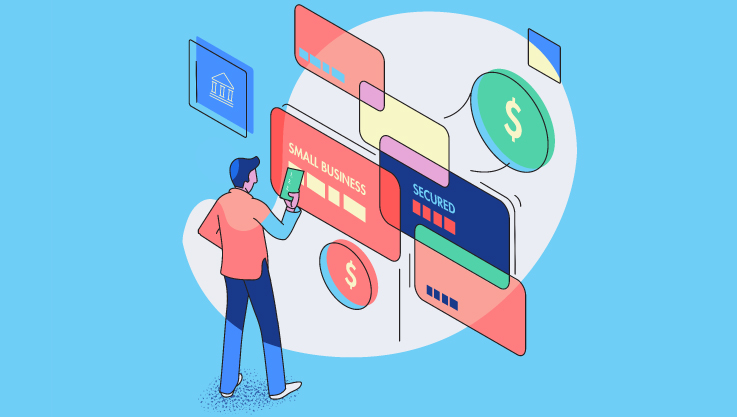 A illustration of a man in front of a digital credit card screen