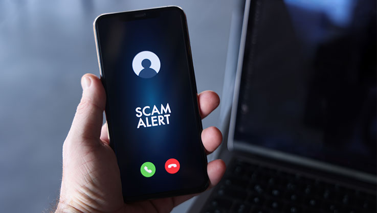 A person holds a cell phone. The screen reads "scam alert" with the green answer and red decline call buttons.