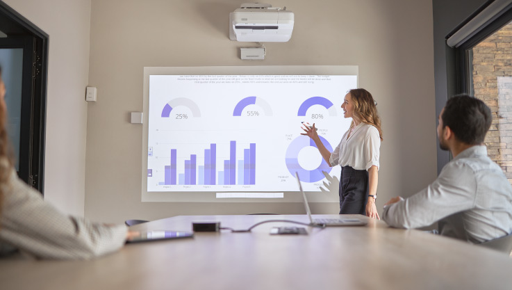 A person stands in a conference room presenting graphs to other business people.