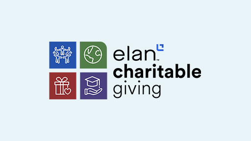 Elan charitable giving logo on a blue background