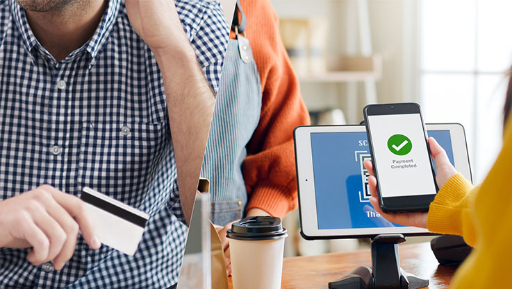 A split graphic with two photos. On the left is a man holding a credit card. On the right a woman holds a phone to a tablet, her screen shows a green check mark.