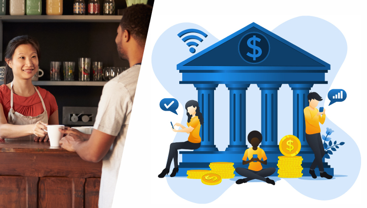 Two side by side photos. On the left are two adults completing a transaction at a store and one right is an illustration of a bank. 