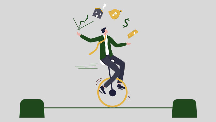 An illustration of a buisnessman on a unicycle juggling different icons like money and a graph. 