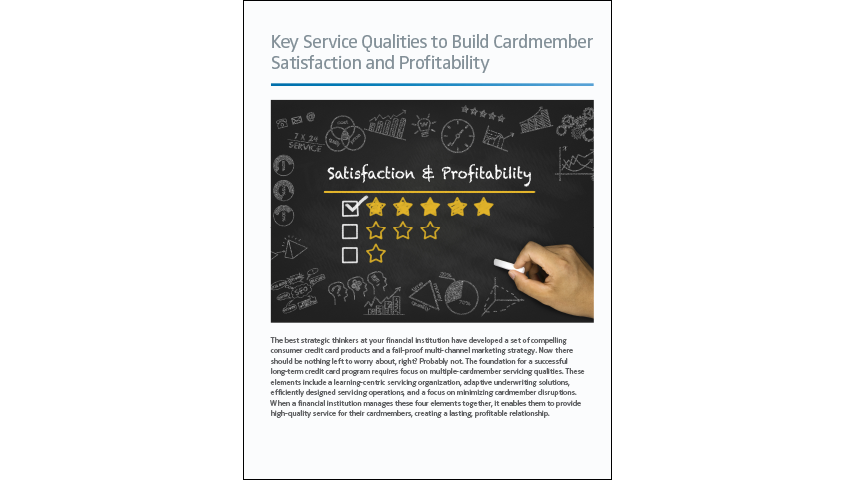 Illustration sketched in white chalk on a blackboard background. In the center the title reads "Satisfaction & Profitability" underneath there are checkboxes with 5 stars, 3 stars, 1 star. A hand reaches in with the piece of chalk to check the box for 5 stars. Text above the image reads "Key Service Qualities to Build Cardmember Satisfaction and Profitability"