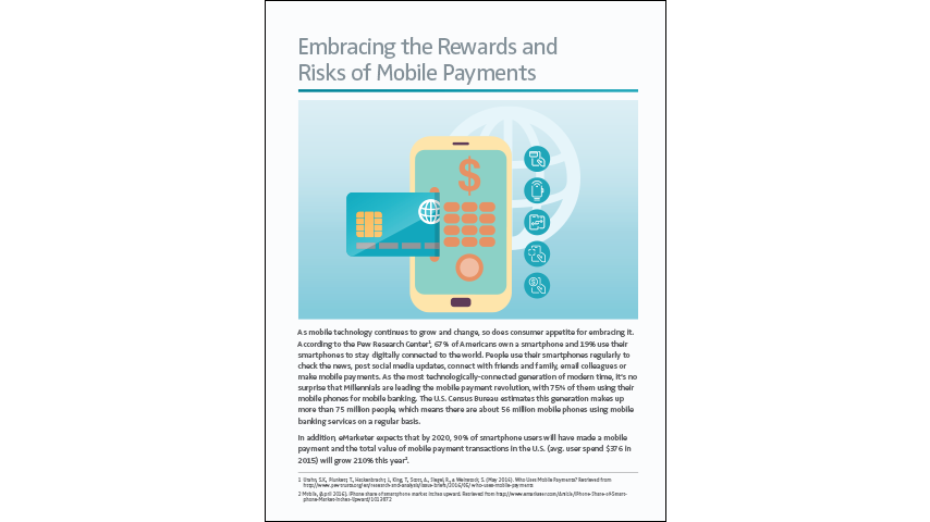 A graphic of a mobile phone with a credit card, calculator and app icons are shown around it. The mobile phone is on a blue gradient background. Text above the graphic reads "Embracing the Rewards and Risks of Mobile Payments"