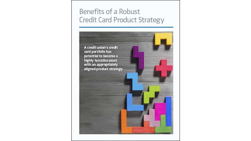 On a grey wooden background brightly colored blocks of multiple interlocking shapes are aligned to fit together. Text above the image reads "Benefits of a Robust Credit Card Product Strategy"