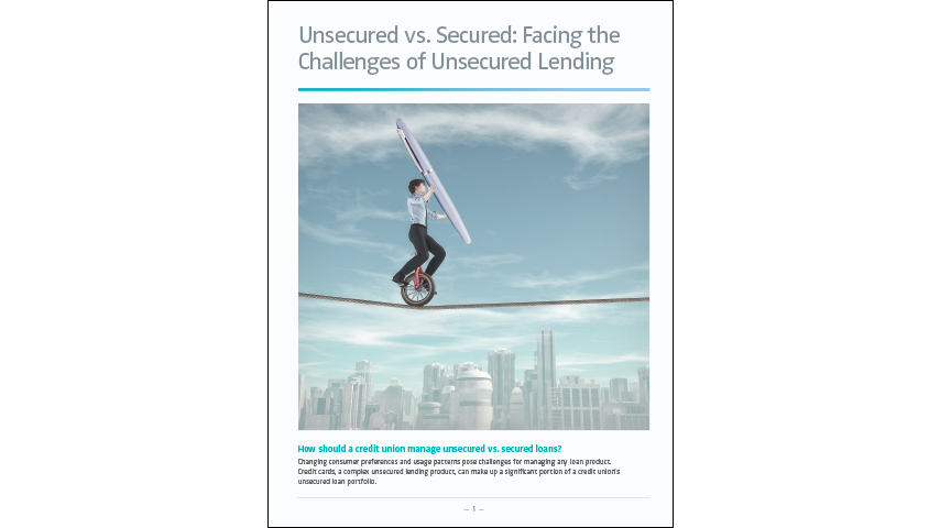 A person in dark pants and a blue shirt rides a unicycle on a rope high above a city below. They balance a giant pen above them that is the same size as the person. Text above the image reads "Unsecured vs. Secured: Facing the Challenges of Unsecured Lending"