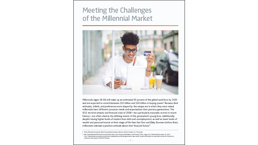 A millennial male wears a white shirt and glasses while sitting at an outdoor café in an urban setting. He has a tablet on the table and holds in his hand his credit card. Text above the graphic reads "Meeting the Challenges of the Millennial Market"