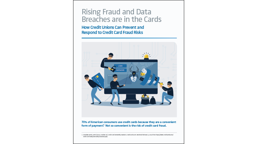 Graphic shows 4 burglars breaking into a computer screen. Text above the graphic reads "Rising Fraud and Data Breaches are in the Cards"