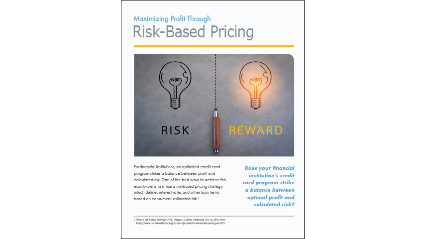 Graphic showing two light bulb sketches. The bulb on the left labeled "risk"  is off, the bulb on the right labeled "reward" is bright yellow and on. A pen draws a line down the middle between the two sketches. Text above the graphic reads "Maximizing Profit Through Risk-Based Pricing"