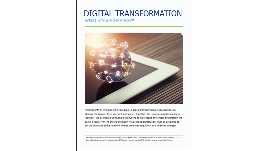 A 2-D globe sits on top of an iPad. Surrounding the globe illustration are various digital icons. At the top of the page text reads "Digital Transformation: What's Your Strategy?"