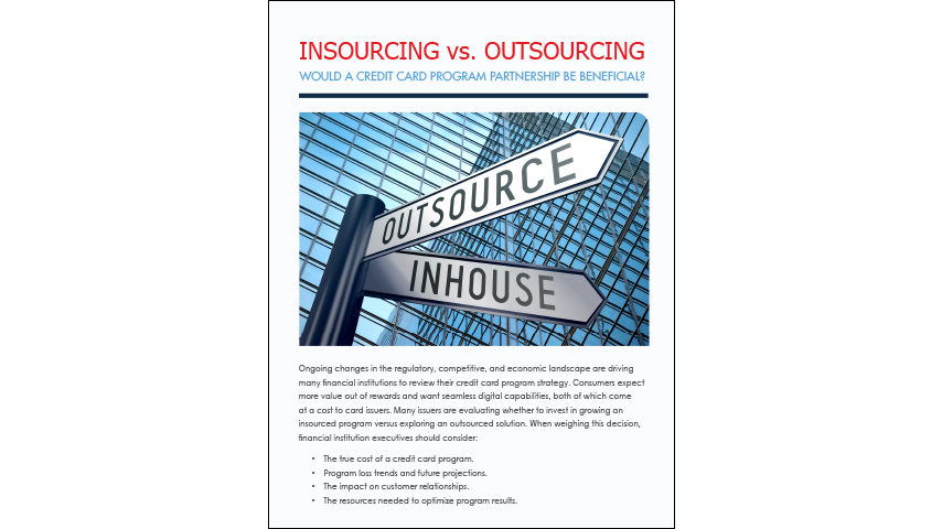 An illustration of a corner street sign in front of a tall building with large windows. The two listed street titles are "outsource" and "insource" going in different directions. Text at the top reads "Insourcing vs. Outsourcing: Would a Credit Card Program Partnership Be Beneficial?"
