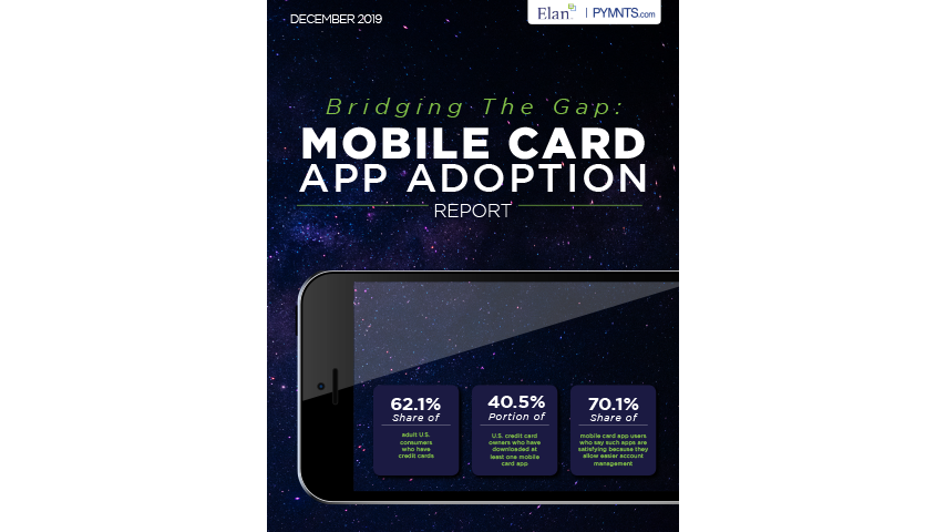A cell phone rests horizontally with three statistics over the image. At the top of the image text reads "Bridging The Gap: Mobile Card App Adoption Report"