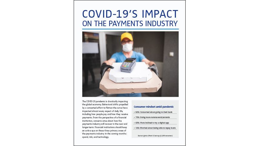 A pizza delivery person holds two pizza boxes wearing a mask, globes and a yellow baseball. On top of the boxes sits a mobile credit card terminal. Text at the top reads "Covid-19's Impact on the Payments Industry."
