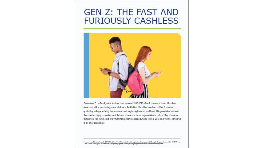 Two young adults stand back to back in front of a bright, yellow background. They are both holding and looking down at their phone. Text reads "Gen Z: The Fast and Furiously Cashless."