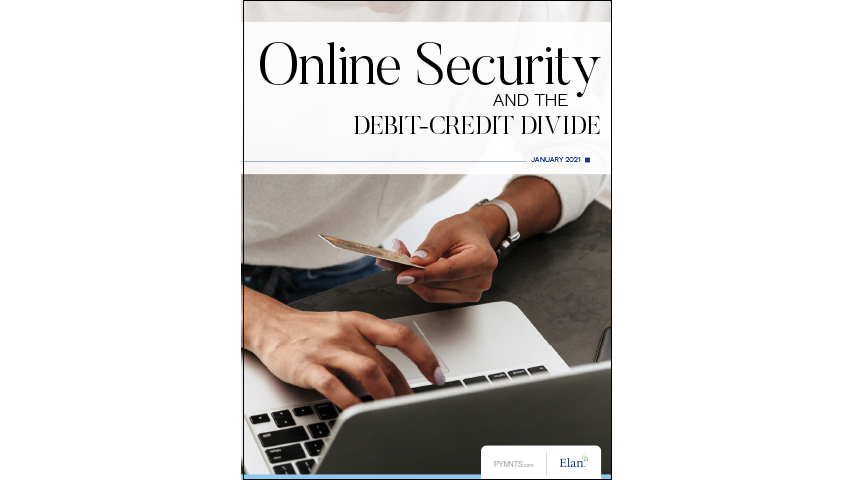 A person wearing a white shirt types on a laptop while one hand and holds a credit card in the other. Text across the top of the image reads "Online Security and the Debit-Credit Divide."