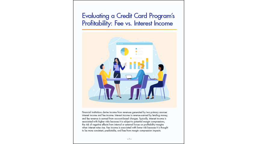 Modern style illustrated graphic shows a business meeting where 3 people sit around a round table while one person stands and points at a presentation graph on the wall. Text above the graphic reads "Evaluating a Credit Card Program's Profitability: Fee vs. Interest Income"