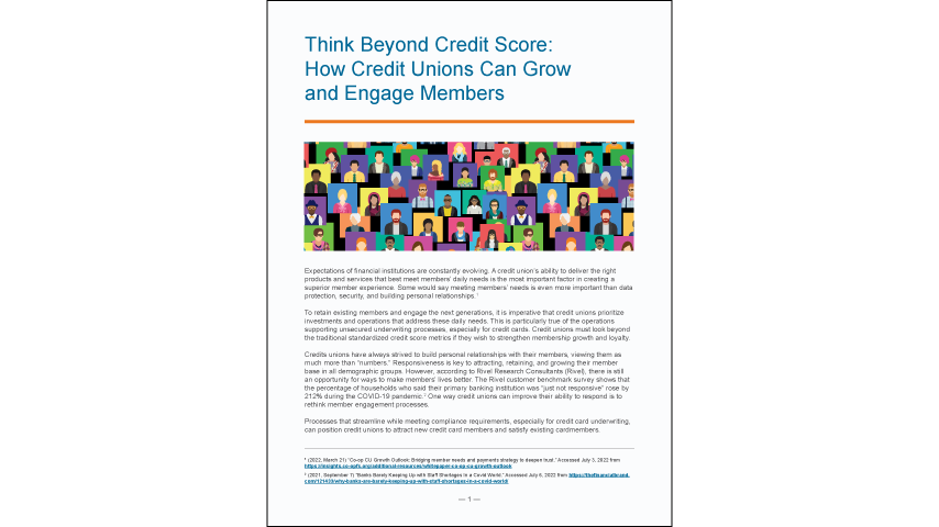An illustration with many different people on different colored backgrounds.  Over the photo text reads "Think Beyond Credit Score: How Credit Unions Can Grow and Engage Members"